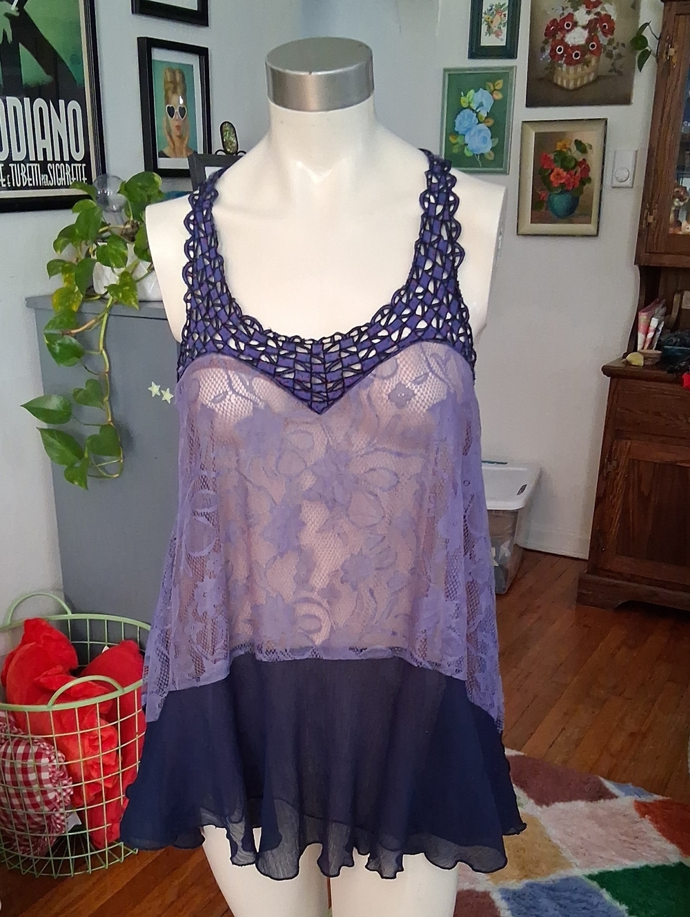 Free People Navy & Lavender Lace Crochet-Trim Slip Chemise
